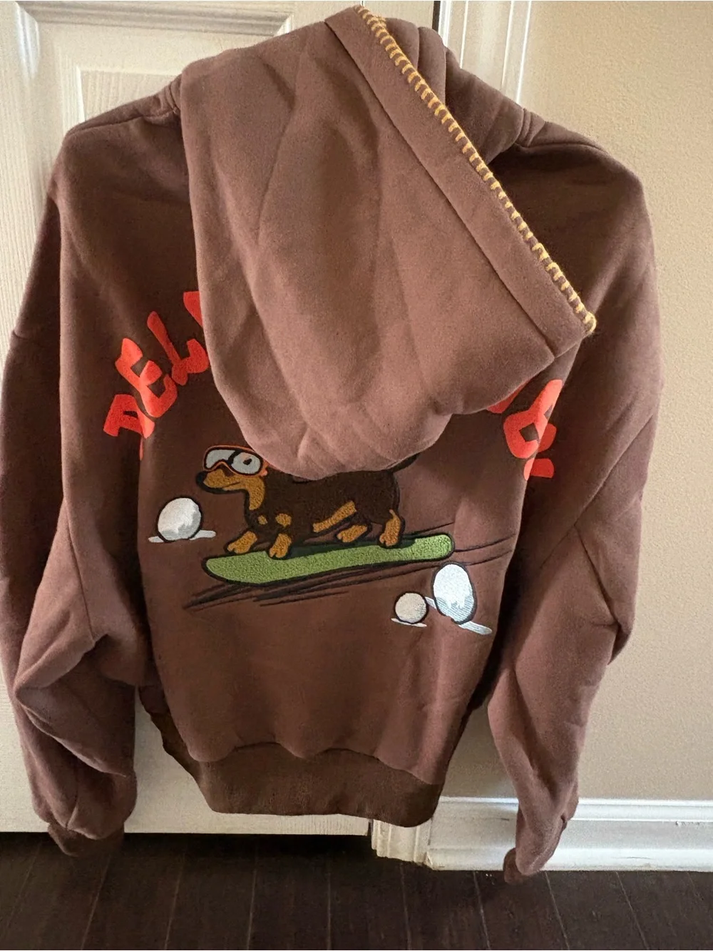 Aelfric Eden Brown Hoodie with Dachshund Surf Graphic and Coral Lettering Small